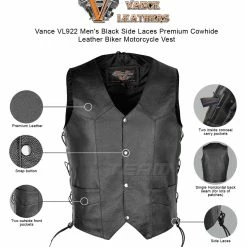 Vance VL922 Men's Black Side Laces Premium Cowhide Leather Biker Motorcycle Vest -Motorcycle Helmets Shop 1278970 14688.1662114358