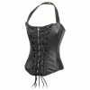 Womens Black Premium Soft Lambskin Zipper And Lace Front Leather Halter Top Corset -Motorcycle Helmets Shop 13244 36943.1661286486