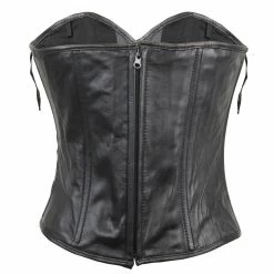 Womens Black Premium Soft Lambskin Open Front Leather Halter Top Corset