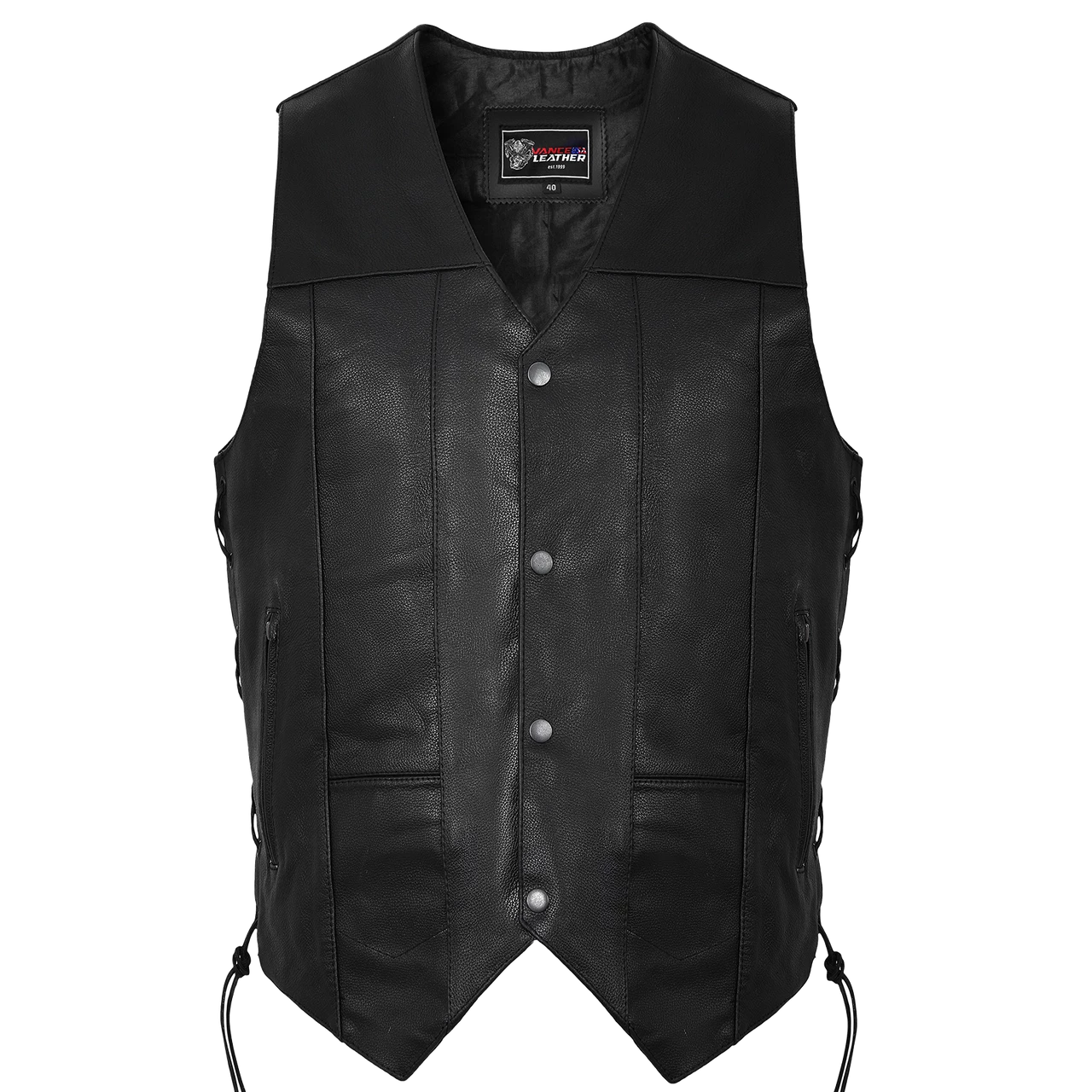Vance VL915 Men's Black Premium Cowhide Ten Pocket Leather Vest 4 Vance VL915 Men's Black Premium Cowhide Ten Pocket Leather Vest - Image 2