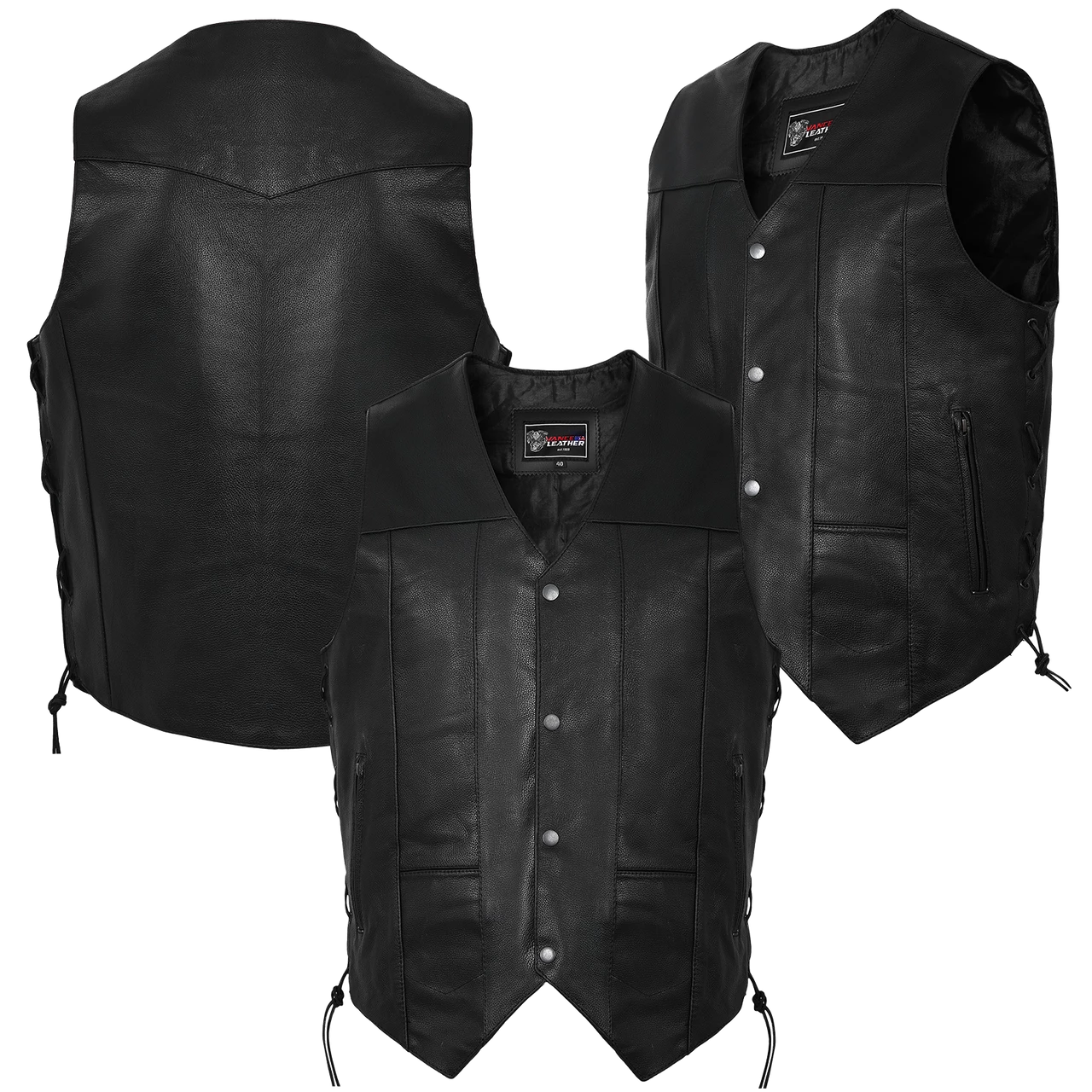 Vance VL915 Men's Black Premium Cowhide Ten Pocket Leather Vest 8 Vance VL915 Men's Black Premium Cowhide Ten Pocket Leather Vest - Image 6