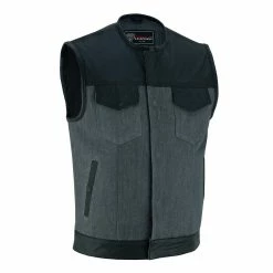 Vance Leathers Men's Grey Denim & Leather Motorcycle Vest With CCW Pockets