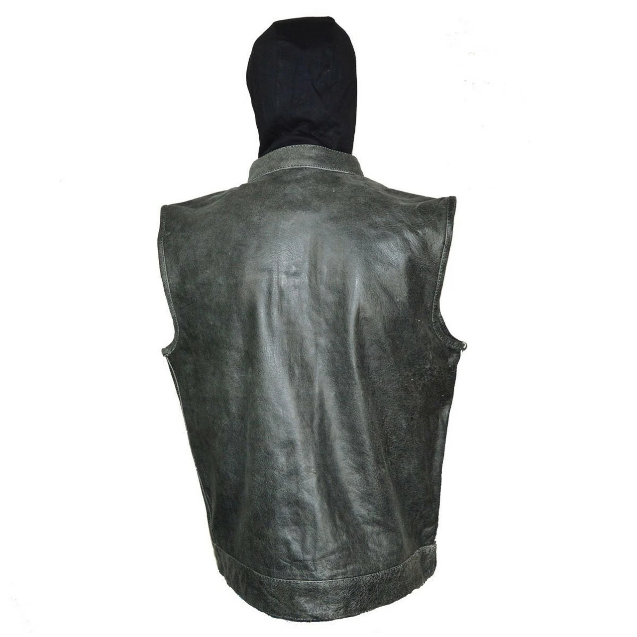 High Mileage HMM914HDG Mens Premium Cowhide Distressed Gray SOA Style Biker Club Leather Motorcycle Vest With Hoodie 4 High Mileage HMM914HDG Mens Premium Cowhide Distressed Gray SOA Style Biker Club Leather Motorcycle Vest With Hoodie - Image 2