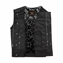 High Mileage HMM919BP Mens Black Paisley Design Liner Premium Cowhide Leather SOA Style Club Vest With Quick Access Conceal Carry Pocket
