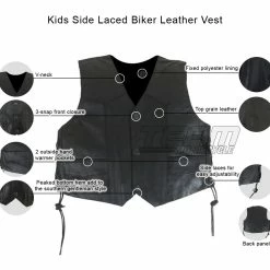 KV739 Kids Childrens Boys Girls Biker Motorcycle Style Black Laced Side Leather Vest