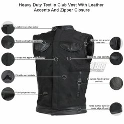 Vance VL1914L Mens Black Front Zipper And Snap Closure SOA Club Style Leather Trimmed Textile Motorcycle Vest