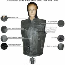 High Mileage HMM914HDG Mens Premium Cowhide Distressed Gray SOA Style Biker Club Leather Motorcycle Vest With Hoodie