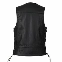 High Mileage HMM908 Mens Black Straight Bottom Motorcycle Leather Vest With Buffalo Nickel Snaps