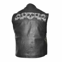 Vance VL935 Men's Black Reflective Skull Premium Cowhide Leather Biker Motorcycle Vest