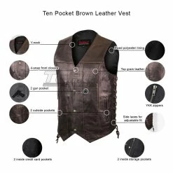 Jafrum MV915 Mens Brown Ten Pocket Cowhide Leather Motorcycle Vest