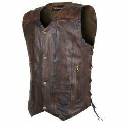 High Mileage HMM915VB Mens Vintage Brown Premium Cowhide Ten Pocket Leather Motorcycle Vest -Motorcycle Helmets Shop 38977 95055.1661286408