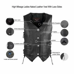 High Mileage HML1040 Womens Black Premium Cowhide Lace Side Biker Leather Vest