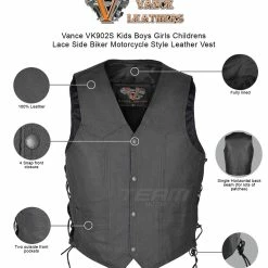 Vance VK902S Kids Boys Girls Childrens Lace Side Biker Motorcycle Style Leather Vest