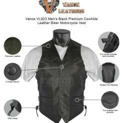 Vance VL923 Men's Black Premium Cowhide Leather Biker Motorcycle Vest
