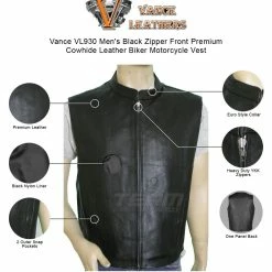 Vance VL930 Men's Black Zipper Front Premium Cowhide Leather Biker Motorcycle Vest