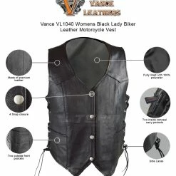 Vance VL1040 Womens Black Lady Biker Leather Motorcycle Vest