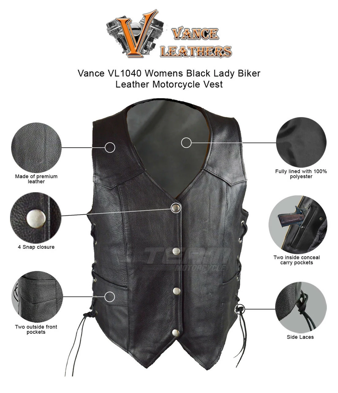 Vance VL1040 Womens Black Lady Biker Leather Motorcycle Vest 3 Vance VL1040 Womens Black Lady Biker Leather Motorcycle Vest