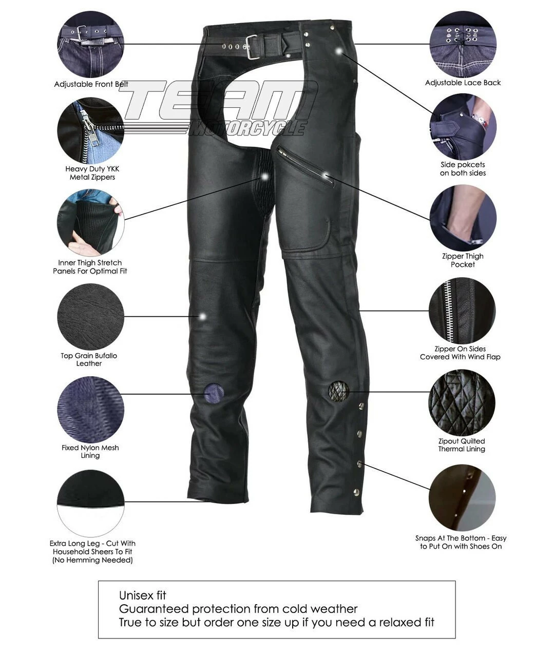 Vance Leather VL804S Men And Women All Season Black Zipout Insulated Thermal Lined Zipper Pocket Biker Motorcycle Leather Chaps 3 Vance Leather VL804S Men And Women All Season Black Zipout Insulated Thermal Lined Zipper Pocket Biker Motorcycle Leather Chaps