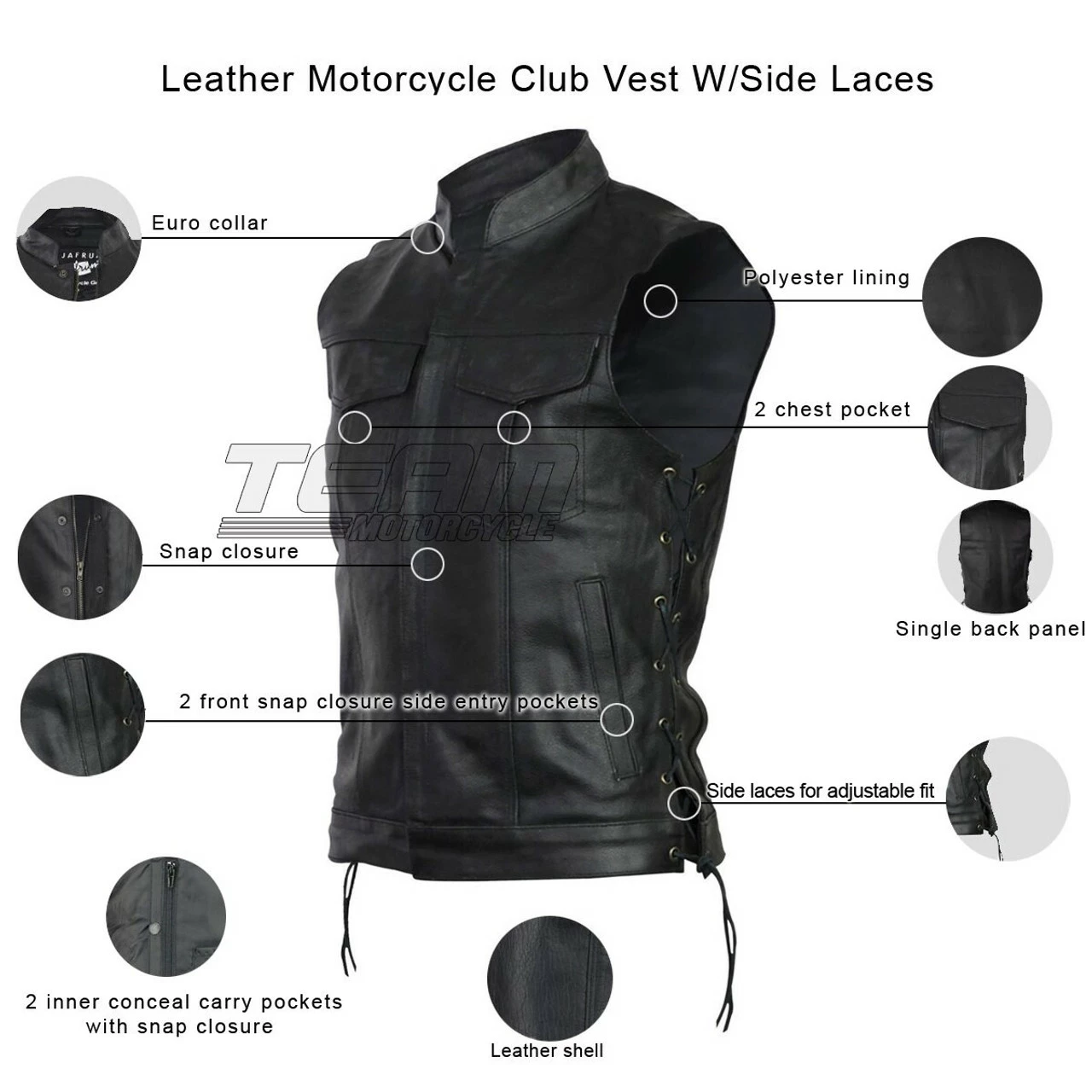 Vance VL912S Mens Black SOA Club Style Leather Motorcycle Vest With Side Laces 3 Vance VL912S Mens Black SOA Club Style Leather Motorcycle Vest With Side Laces