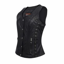 High Mileage HML1038B Womens Black Premium Soft Goatskin Leather Vest With Twill Lace And Grommet Highlights