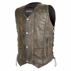 High Mileage HMM915DB Mens Distressed Brown Premium Cowhide Ten Pocket Leather Motorcycle Vest