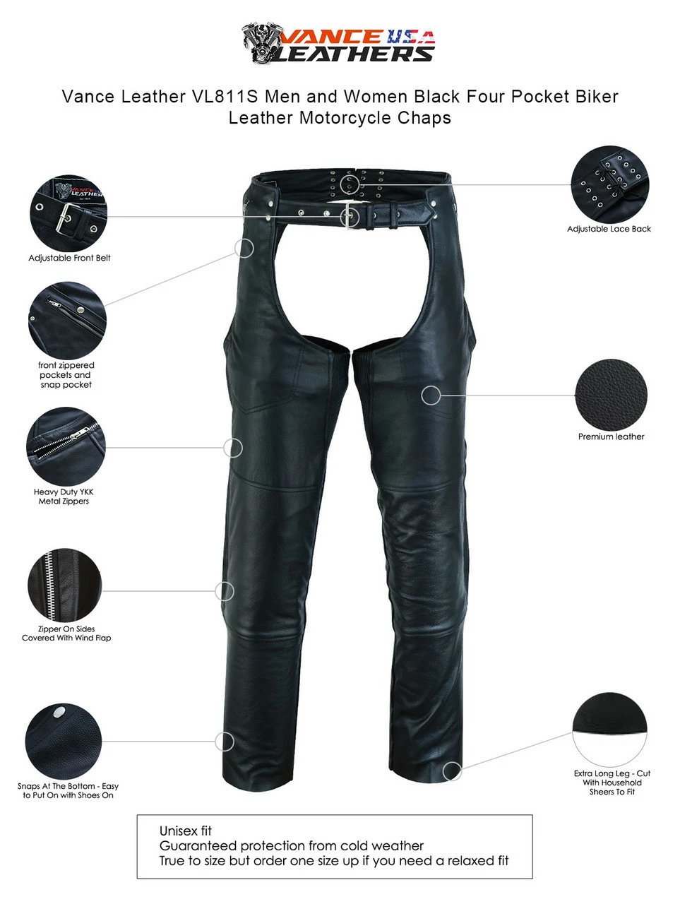 Vance Leather VL811S Men And Women Black Four Pocket Biker Leather Motorcycle Chaps 9 Vance Leather VL811S Men And Women Black Four Pocket Biker Leather Motorcycle Chaps - Image 7