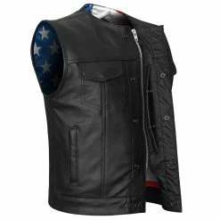 High Mileage HMM929 Men's Zipper And Snap Closure Collarless Leather Club Vest With American Flag Liner