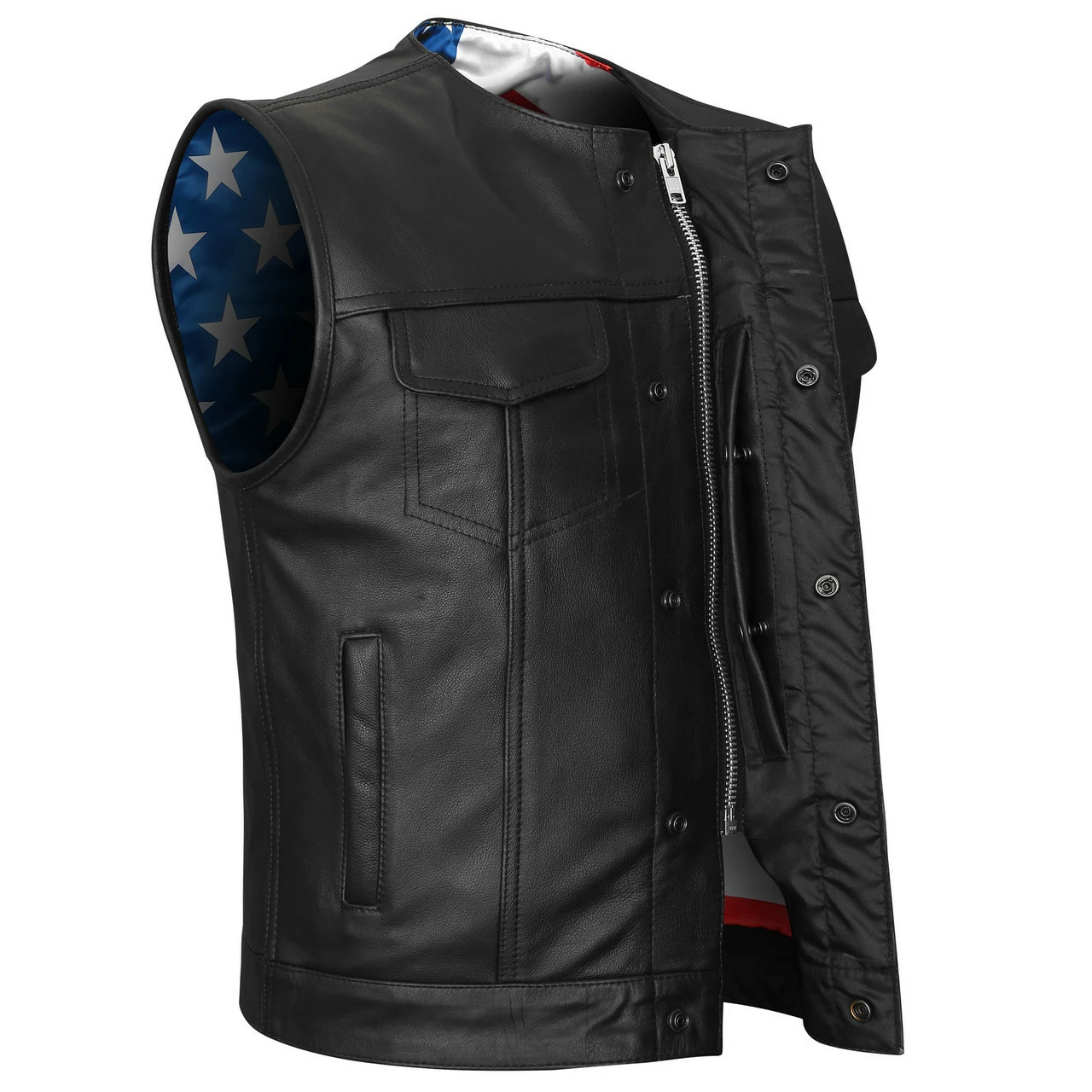 High Mileage HMM929 Men's Zipper And Snap Closure Collarless Leather Club Vest With American Flag Liner 3 High Mileage HMM929 Men's Zipper And Snap Closure Collarless Leather Club Vest With American Flag Liner