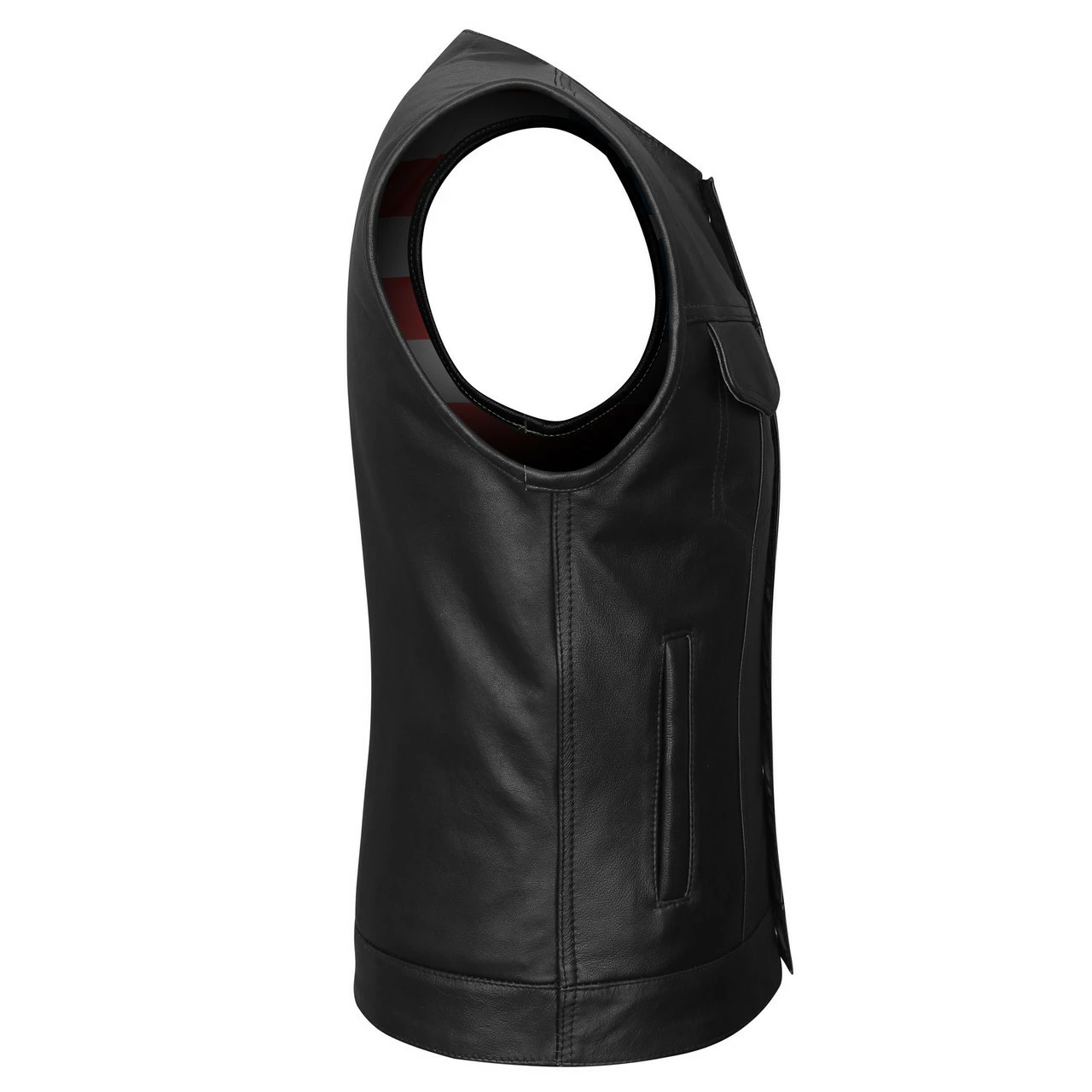 High Mileage HMM929 Men's Zipper And Snap Closure Collarless Leather Club Vest With American Flag Liner 4 High Mileage HMM929 Men's Zipper And Snap Closure Collarless Leather Club Vest With American Flag Liner - Image 2