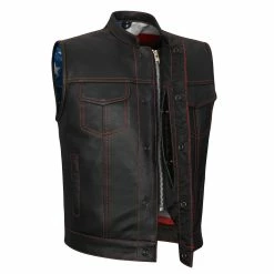 High Mileage HMM924R Men's Zipper And Snap Closure Collarless Leather Club Vest With American Flag Liner And Red Stitching