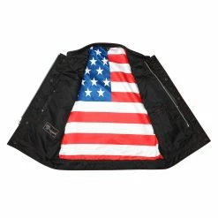 High Mileage HMM924R Men's Zipper And Snap Closure Collarless Leather Club Vest With American Flag Liner And Red Stitching -Motorcycle Helmets Shop 69513 03372.1661286317