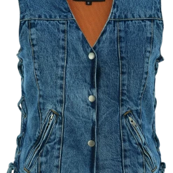 Vance VB1045 Women's Blue Denim V Neck With Snap Opening & Side Laces Motorcycle Vest