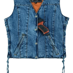 Vance VB1045 Women's Blue Denim V Neck With Snap Opening & Side Laces Motorcycle Vest -Motorcycle Helmets Shop 69756 10356.1661286327