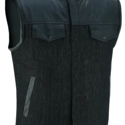Vance VB913BK Men's Collarless Black Denim & Leather Motorcycle Vest
