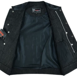 Vance VB913BK Men's Collarless Black Denim & Leather Motorcycle Vest -Motorcycle Helmets Shop 69778 28250.1661286327