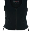 Vance VB1042BK Women's Black Denim V Neck Vest With Zipper & Side Laces Motorcycle Vest