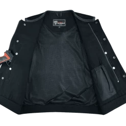 Vance VB919L Denim Black Collarless Club Vest With Leather Trims -Motorcycle Helmets Shop 69953 28378.1661286327