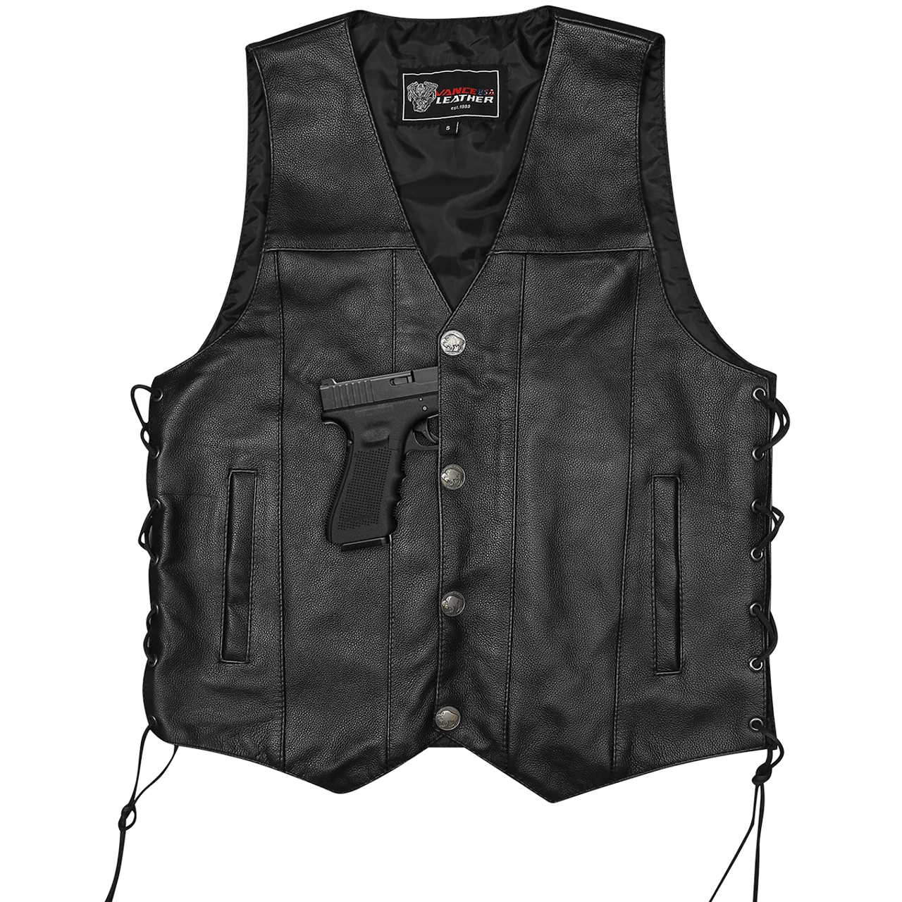 Vance VL907 Mens Black Premium Cowhide Leather Biker Motorcycle Vest With Buffalo Nickel Snaps And Conceal Carry Pocket 7 Vance VL907 Mens Black Premium Cowhide Leather Biker Motorcycle Vest With Buffalo Nickel Snaps And Conceal Carry Pocket - Image 5