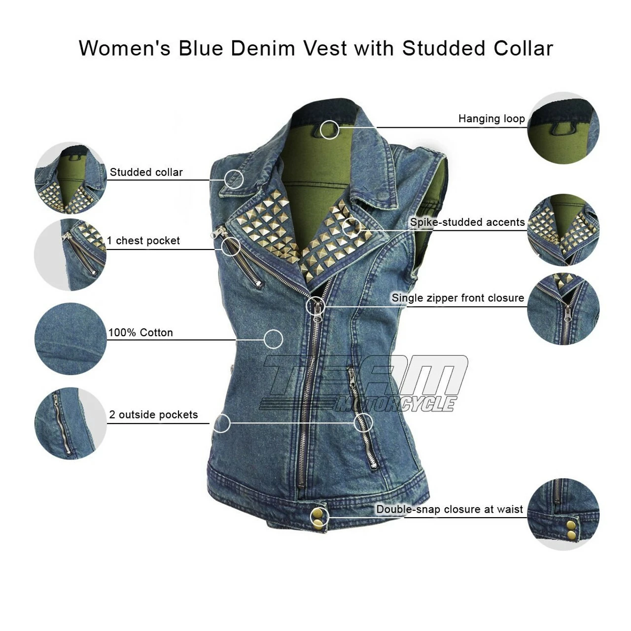 Vance VB1050BL Women's Blue Denim Motorcycle Vest With Studded Collar 3 Vance VB1050BL Women's Blue Denim Motorcycle Vest With Studded Collar