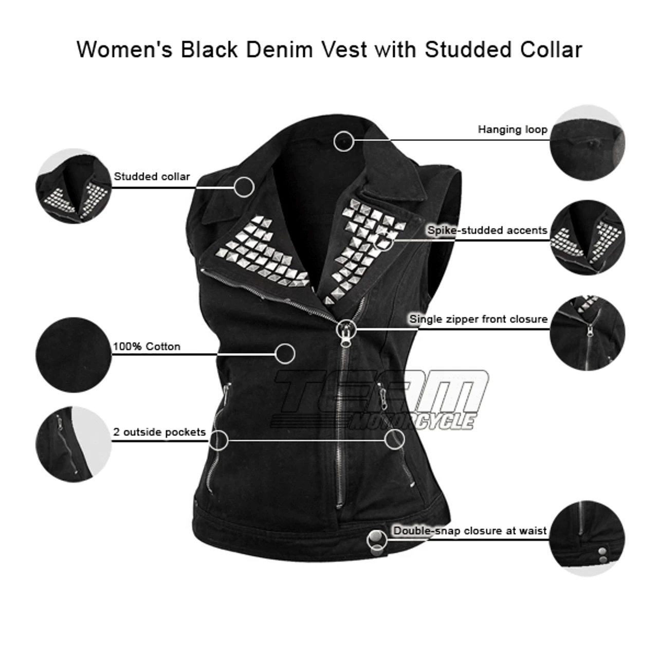 Vance VB1050BK Women's Black Denim Motorcycle Vest With Studded Collar 3 Vance VB1050BK Women's Black Denim Motorcycle Vest With Studded Collar