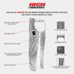 High Mileage HM814DG Men And Women Premium Cowhide Vintage Distressed Gray Biker Leather Motorcycle Chaps -Motorcycle Helmets Shop HM814DG Vance Leather High Mileage Distressed Grey Leather Chap infographic 72880.1674225027