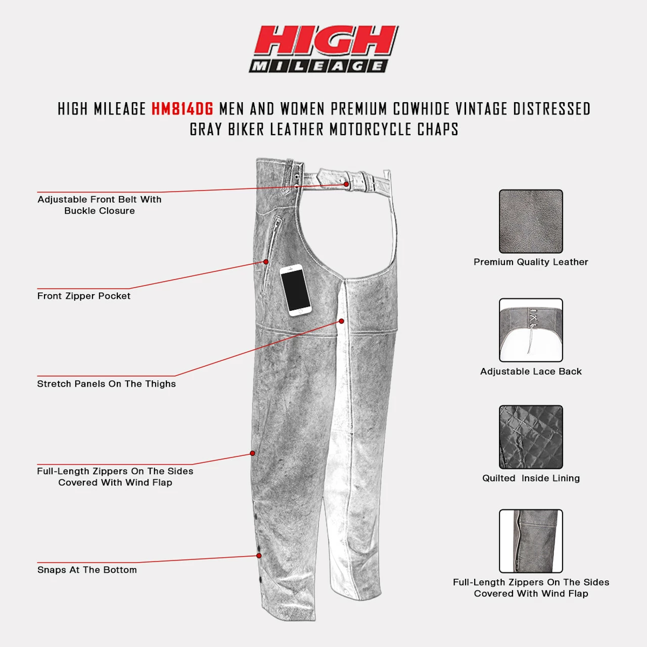 High Mileage HM814DG Men And Women Premium Cowhide Vintage Distressed Gray Biker Leather Motorcycle Chaps - Image 3