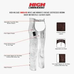 High Mileage HM814VB Men's And Women's Vintage Distressed Brown Biker Motorcycle Leather Chaps -Motorcycle Helmets Shop HM814VB Vance Leather High Mileage Vintage Brown Leather Chap infographic 86755.1674224586