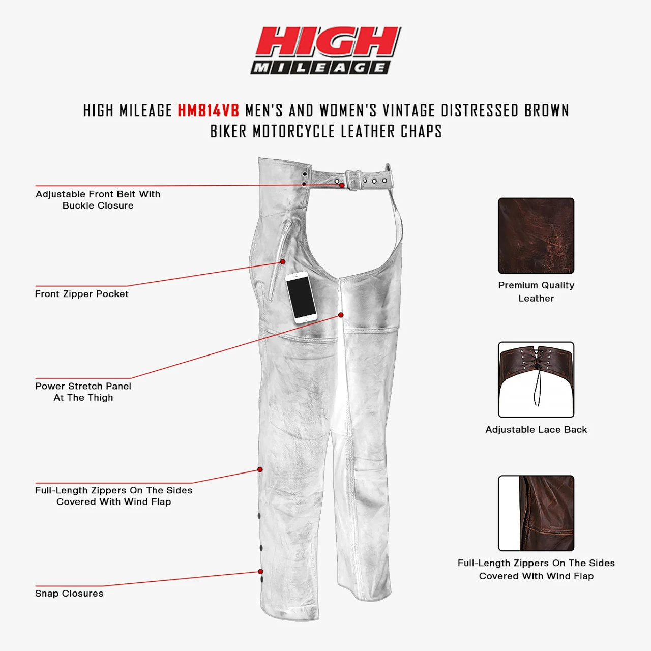 High Mileage HM814VB Men's And Women's Vintage Distressed Brown Biker Motorcycle Leather Chaps - Image 3