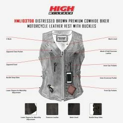 High Mileage HML1037DB Womens Distressed Brown Premium Cowhide Biker Motorcycle Leather Vest With Buckles -Motorcycle Helmets Shop HML1037DB Ladies Distressed Brown Vest with Buckles infographic 13185.1674226243