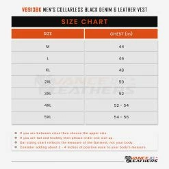 Vance VB913BK Men's Collarless Black Denim & Leather Motorcycle Vest -Motorcycle Helmets Shop VB913BKSizeChart 76373.1677569004