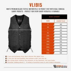 Men's Premium Black Textile Motorcycle 10 Pocket Vest With Dual Conceal Carry Pockets - Perfect For Every Biker Versatile & Durable