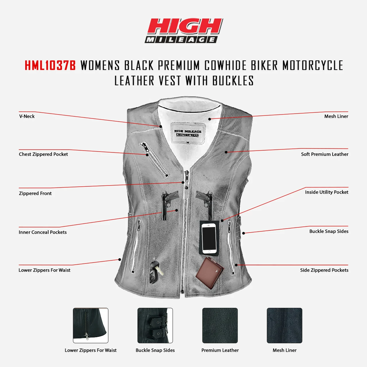 High Mileage HML1037B Womens Black Premium Cowhide Biker Motorcycle Leather Vest With Buckles 7 High Mileage HML1037B Womens Black Premium Cowhide Biker Motorcycle Leather Vest With Buckles - Image 5